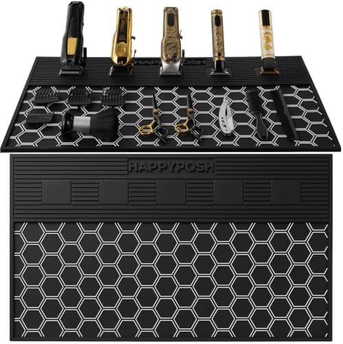 Magnetic Barber Mat, Extra Large 24" x 14" Professional Barber Station Organizer, Hex Grip Non Slip Rubber Mat with 5 Built-In Magnets for Clippers, Trimmers, Shears & Hair Stylist Tools by HAPPYPOSH