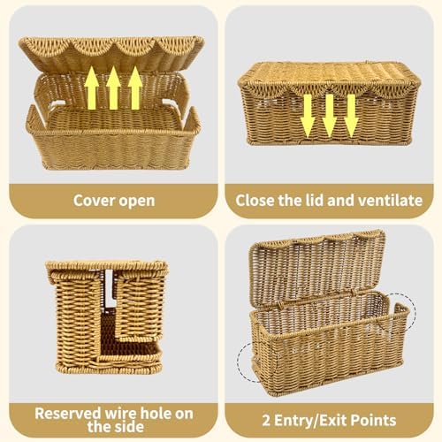 2 Pack Scalloped Edge Cable Management Box Handmade, Plastic Rattan Cable Organizer Box to Hide Wires, Under Desk Cord Organizer for Home TV Wires Computer Router USB Hub Strips (2 Open Slots) - Image 5