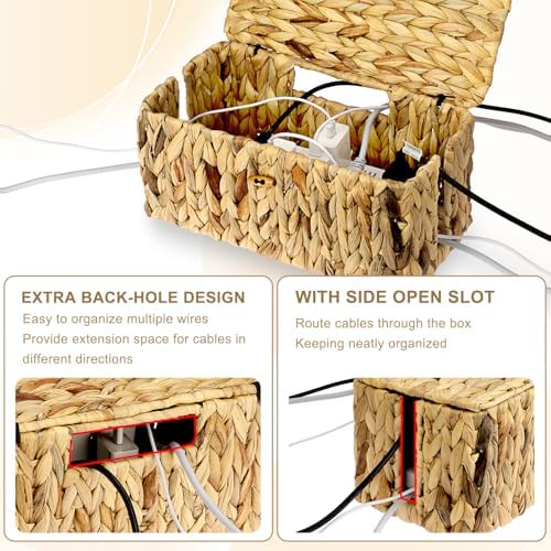 BTSKY Woven Cable Management Box with Lid Water Hyacinth Cord Organizer, L - Image 3