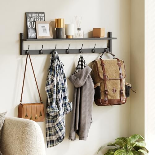 BAMEOS Wall Hooks with Shelf 35 Inch Length Entryway Hanging Shelf Wood Coat Hooks Wall-Mounted Coat Hook Rack with 7 Dual Hooks for Bathroom, Living Room, Bedroom (Black) - Image 5