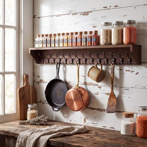 Geelin 60 Inch Wall Shelf with Hooks and Shelf Organizer Wall Mount Coat Rack with 14 Triple Hooks for Hanging for Entryway, Hallway, Bathroom, Living Room, Bedroom - Image 5