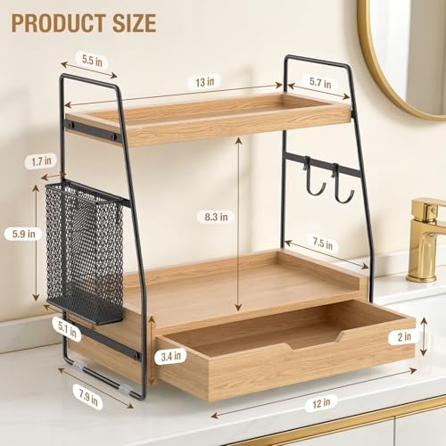 2-Tier Bathroom Counter Organizer with Drawer, Wood Counter Storage Shelf - Image 2