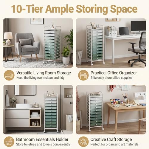 COSTWAY 10-Drawer Rolling Storage Cart, Utility Mobile Trolley - Image 6