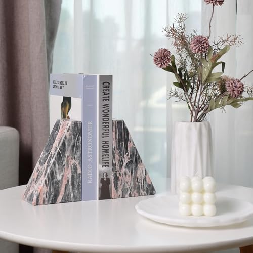 Koville Marble Bookends for Shelves, Large Bookends for Heavy Books, Natural Stone Book Stopper for Books CD Movies, Aesthetic Decorative Book Ends (Grey&Pink) - Image 6