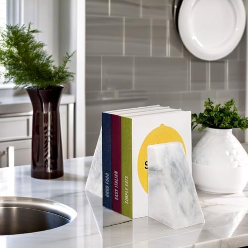 Ottimo Polished Heavy Stone Marble 6" Book Ends for Bookshelf Decor, Home, Office or Kitchen Shelves. Heavy, Triangular, and Decorative Book Stopper with Anti-Slip Pads, Great Gift Idea (White) - Image 5