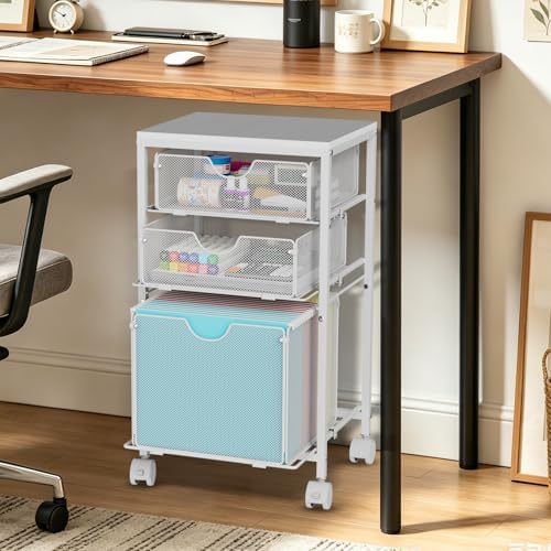 BOHDK Rolling File Cart with 3 Storage Drawers, Wood & Mesh Hanging File Folder Organizer with Wheels Under Desk, File Cabinets for Home Office, 11.81" D x 14.8" W x 25.39" H, White - Image 2