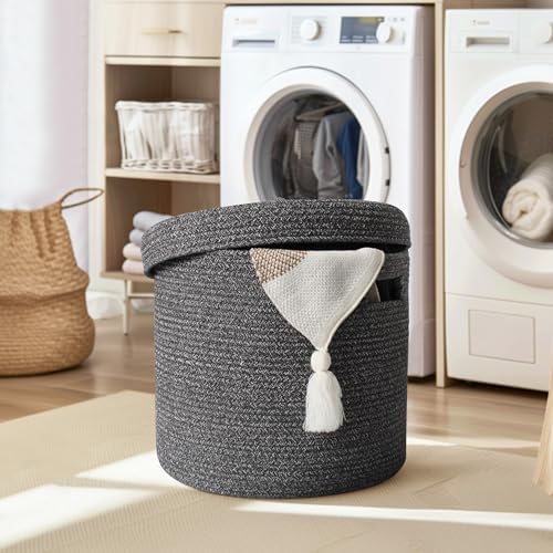Storage Basket with Lid, Woven Blanket Storage for Living Room, Cute Cotton Rope Bin with Lid, Round Wicker Laundry Basket with Cover, Decorative Kid Dog Toy Box, Nursery Organizer, 15"x13" - Image 4