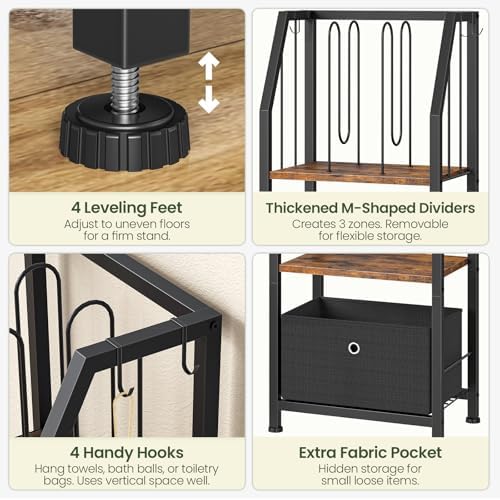 CHOEZON 3-Tier Towel Rack Freestanding, Towel Rack with a Fabric Drawer, 2 M-Shaped Metal Dividers and 4 Hooks, Bathroom Towel Storage Shelf, Towel Storage for Bathroom, Rustic Brown and Black TCJ29BF - Image 5