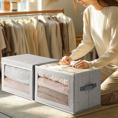 Homsorout Large Storage Baskets Bins with Lids - Stackable Cube Bins for Closet, 3 Pack Windows Organizer Bins, Home Organizers and Storage for Clothes, CD, Towels, Light Grey - Image 3