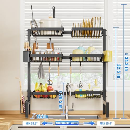 SNSLXH 3 Tiers 6 Baskets Dish Drying Rack, 24.8"-35.4",Over Sink Dish Drying Rack, 3-Tier Large Sink Rack for Kitchen, Extensible and Adjustable, Saving Kitchen Space - Image 2