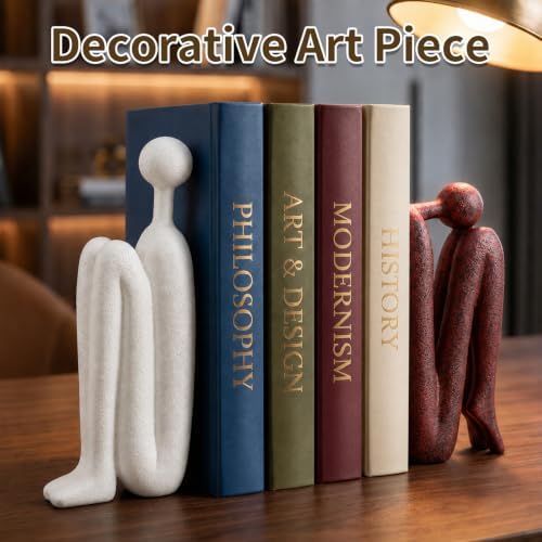 Thinker Decorative Bookends, Heavy Duty Resin Book Ends, Non-Slip Book Holder for Shelves, Modern Minimalist Sculpture Book Stopper for Living Room Office Home Decor, Set of 2 (Red White) - Image 3