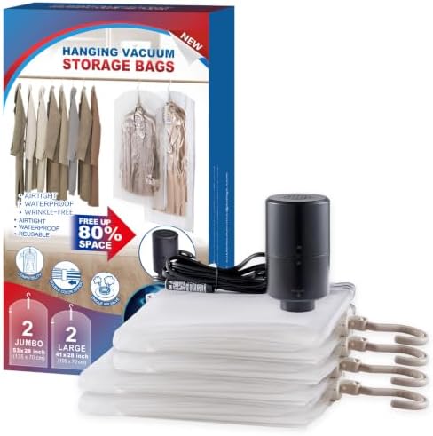 Hanging Vacuum Storage Bags, Space Saver for Clothing, 4 Combo with Pump by VELMADE