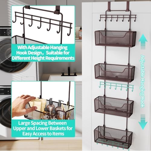 HapiRm Over The Door Organizer - Hanging Door Organizer with 4 Metal Large Capacity Baskets and Adjustable Coat Hook for Bathroom Bedroom Kitchen Pantry Closet Cabinet - Image 7