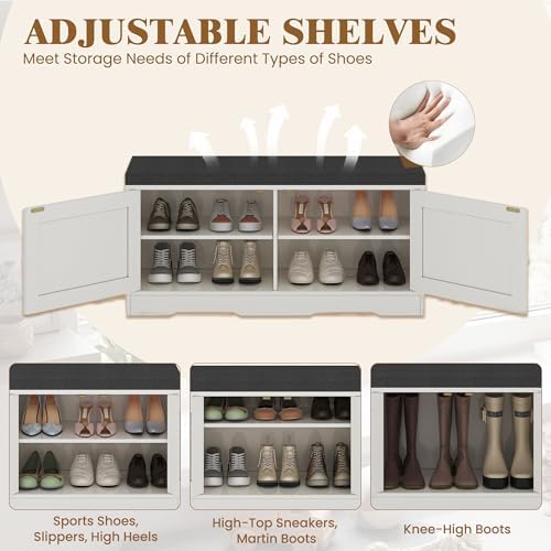 Apicizon Shoe Storage Bench, 2 Tier Entryway Bench with Padded Seat Cushion, 2 Barn Doors, Adjustable Shelves, 39.37" Shoe Bench with Storage for Entrance Hallway Bedroom Living Room, Beige White - Image 5
