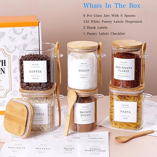 CZSZYGHBAO 6 Pack Glass Jars with Bamboo Lid and Spoons - 17Oz/27Oz Borosilicate Glass Jars with 132 Pantry Labels - for Coffee Beans, Tea, Sugar & More - Image 2
