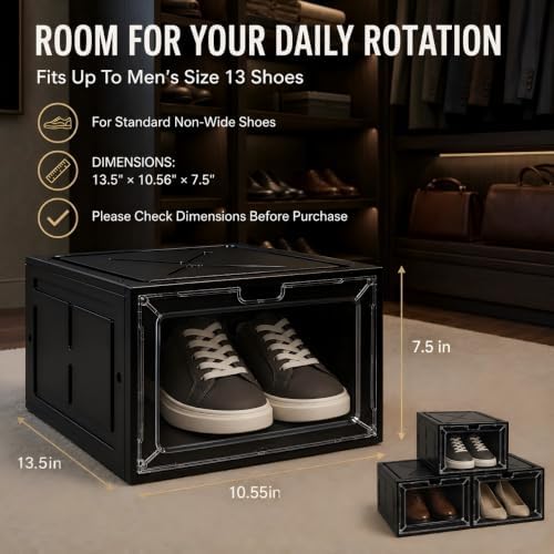 6 Pack Stackable Clear Shoe Boxes with Black Frame, Large Plastic Shoe Organizer Storage Bins for Sneakers & Boots, Magnetic Front Door, Space Saving Closet Shoe Case - Image 3