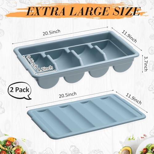 Maxdot 2 Pcs 20.5 x 11.9 x 3.7 Inch Silverware Organizer with Lid, Commercial 4-compartment Restaurant Kitchen Cutlery Tray, Plastic Silverware Storage Container, Condiments Holder (Grayish Blue) - Image 2