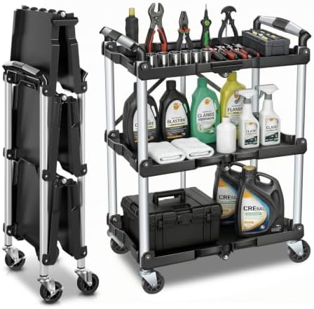 3-Tier Folding Utility Cart, Heavy Duty Rolling Cart with Wheels by BRIGHTORIA