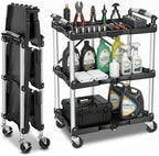 3-Tier Folding Utility Cart, Heavy Duty Rolling Cart with Wheels by BRIGHTORIA