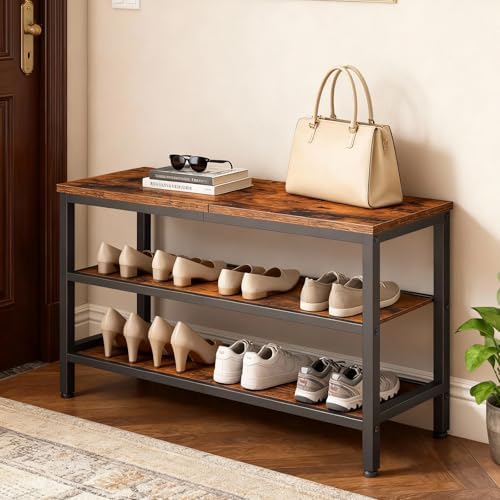 YATINEY Wooden Shoe Bench, 3-Tier Shoe Rack, Sturdy Shoe Storage Bench for Entryway, Living Room, Space Saving Entry Bench, Rustic Brown and Black HX06BR - Image 2