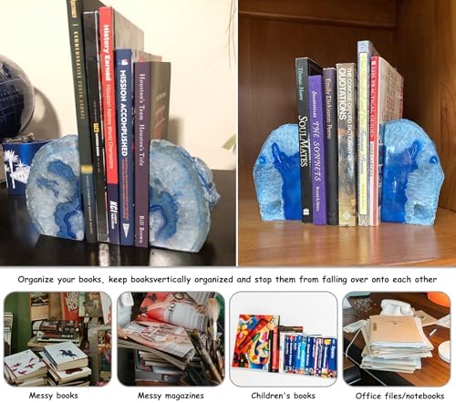 AMOYSTONE Blue Agate Bookends Heavy Duty Stone Book Ends for Bookshelves - Image 6
