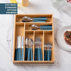 COOK WITH COLOR Bamboo Kitchen Utensil Set with Drawer Organizer | Cooking Tools and Storage Caddy, Blue, 25 Piece Cutlery Set - Image 3