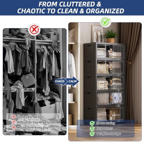 SAILUN 825QT/206Gal Stackable Storage Bins with a Lid, Collapsible Storage Bins With Doors, Folding Cabinet for Home Closet Organization,5 Pack-30 W x 19.7" D x 80.9" H Black - Image 2