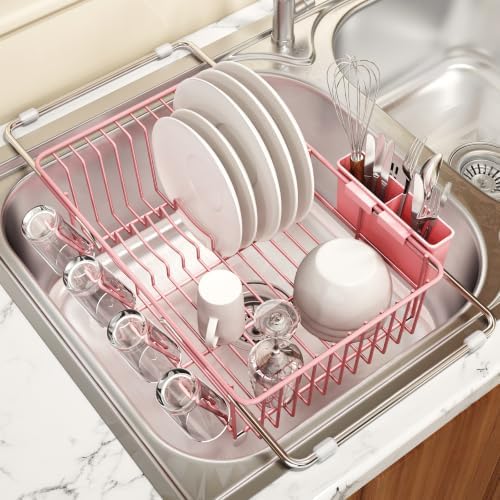 MAJALiS Pink Expandable Dish Drying Rack Over Sink with Anti-Slip Grip by MAJALiS
