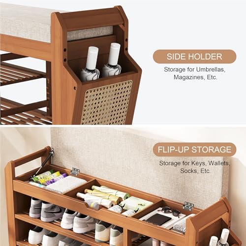 PETKABOO 39.4" Bamboo Shoe Rack Bench with Coat Rack, 3-Tier Entryway Bench with Thick Cushion, Flip-Top & Side Baskets, Holds Up to 550 LBS for Hallway, Living Room, Bedroom - Image 6