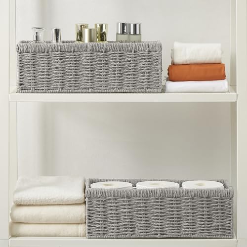 Vagusicc Wicker Storage Basket, Paper Rope Wicker Baskets with Handles, Toilet Paper Basket for Toilet Tank Top, Small Wicke Baskets for Organizing Shelves, 2-Pack, Grey - Image 6