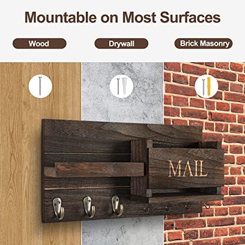 Lwenki Mail Organizer for Wall Mount – Key Holder with Shelf Includes Letter Holder and Hooks for Hallway Farmhouse Decor – Rustic Wood with Flush Mounting Hardware (16.5” x 9.1” x 3.4”) (Brown) - Image 7