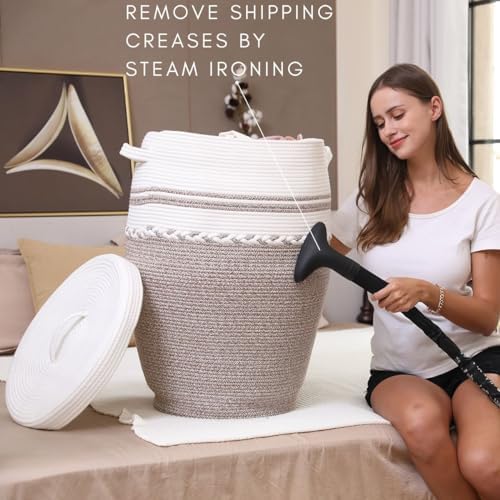 26"x20" Extra Large Tall Woven Laundry Basket with Lid, Cotton Rope Blanket Storage Basket, Freestanding Decorative Bin for Bedroom Living Room, Cream & Camel Marl - Image 5