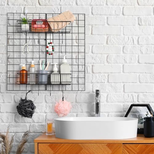 Black 4 Pack Grid Wall Hanging Baskets with 16 S Hooks, 15.8 x 3.9 x 3.2 Inch Metal Wire Wall Mount Storage Baskets for Grid Panels, Retail Display, Kitchen, Bathroom - Image 6