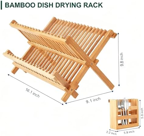 QUEENKAY Dish Drying Rack Collapsible 2-Tier Bamboo Dish Rack for Kitchen Counter Wooden Dish Drainer with Foldable Space-Saving Design for Dishes, Plates, and Cups - Image 5