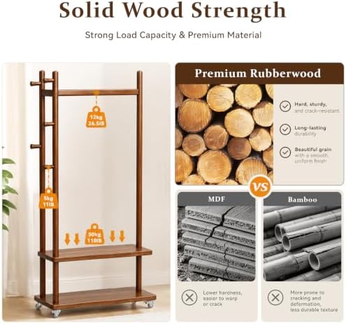 Taitiy Coat Rack Freestanding Solid Wood Clothes Rack with Wheels - Image 6