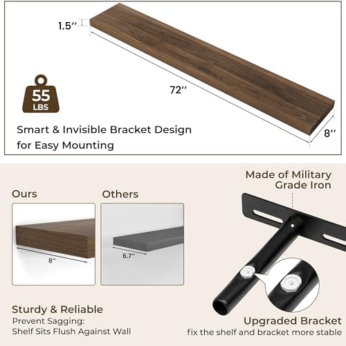 RICHFOCUS 72Inch Floating Shelves for Wall 2Pack, Walnut, 8" Deep - Image 4