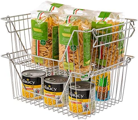 Stackable Wire Metal Baskets Fruit Vegetable Organization Pantry Cabinet Metal Bin Large Basket Shelves Storage for Kitchen Freezer, Set of 2 - Image 3