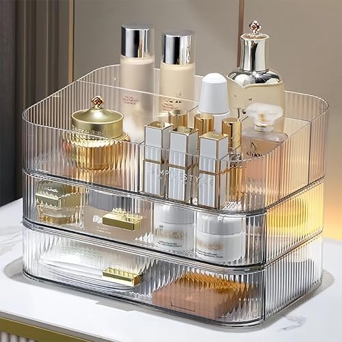 Clear Makeup Organizer for Vanity, Large Desk Organizer with Stackable Drawers for Cosmetics, Skincare, Lipsticks, Eyeshadow Palette, Nail Care, Ideal Storage for Dresser and Bathroom Countertop by DecorcodeDecoryourhome