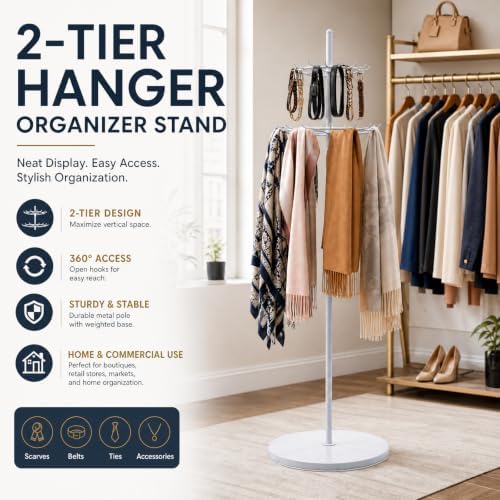 Floor Standing Belt Display, Tie Rack Floor Mounted Belt Hanger Belt Display Shelf Purse Hanger Stand Scarf Stand Adjustable Feet for Home, Boutiques, Clothing Stores, Retail Stores (White) - Image 4