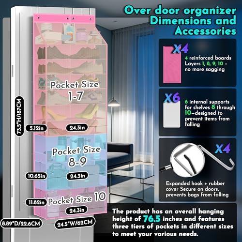 PAULONE Over the Door Organizer Heavy Duty – 96 Lbs Capacity 20 Pair Shoe Rack with Multi-Size Pockets Fits Tall Boots up to 11.8", Breathable Mesh, Metal Hooks – Also for Bags, Toys, Toiletries - Image 2