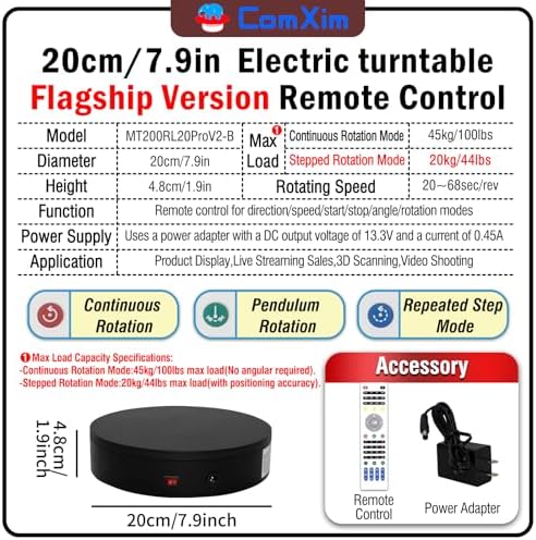 7.9In Remote Motorized Electric Turntable Rotating Display Stand Spinning Rotating Platform 360 Photography Turntable lazy susan base giratoria para for Photography,Display (Load Range:40~100lbs) - Image 2