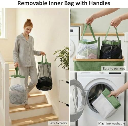 efluky Double Laundry Hamper with Lid and 2 Removable Bags, Sage Green - Image 4