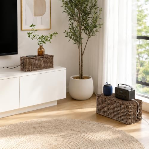 2 Pack Handwoven Cable Management Box with Lid, Decorative Cord Organizer for Power Strips, Chargers, TV Wires, Desk, Home & Office Storage, Plastic Rattan Tube - Image 7