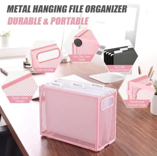 Zhengmy 3 Pcs Hanging File Organizer Letter Size File Holder Metal Mesh Filing Box Desktop Folder Letter Storage Cabinets Magazine Holder with Handles for Home Office School Document (Pink) - Image 2