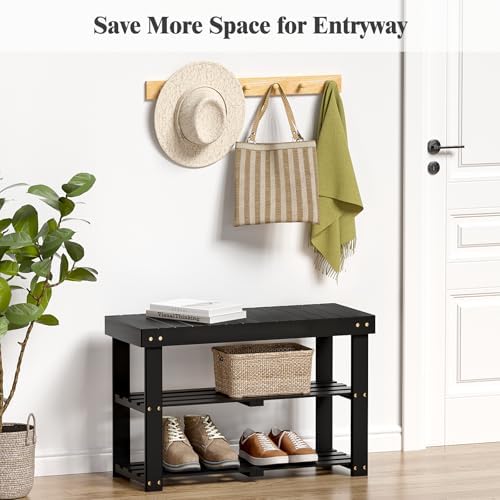 BAMBUROBA Bamboo Shoe Bench, 3-Tier Entryway Storage Rack,Black - Image 3