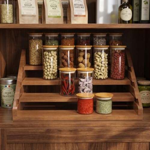 Solid Wood Spice Rack Organizer for Countertop & Cabinet, 4 Tier Adjustable Wooden Spice Shelf with Sliding Track, Premium Step Seasoning Bottle Holder for Kitchen, Pantry & Office, Walnut Brown - Image 4