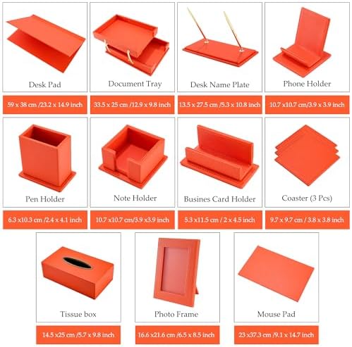 Luxury Executive Leather Desk Organizer Set –13-Piece Office Desk Accessories with Desk Pad, Letter Tray, Phone Stand, Pen Holder & Coasters – Professional Office Desk Decor & Gift (Orange) - Image 3