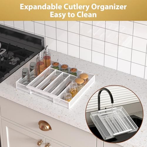 Sedegn Expandable Kitchen Utensil Organizer - 9.6" to 16.1" Adjustable Cutlery Tray with 5-7 Compartments - Fits Various Drawer Sizes & Holds Large Ladles Spatulas Forks Spoons & Knives White - Image 5