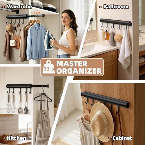 Pisman Valet Rod for Closet Pull Out 12 Inch with 5 Hooks - Black 2 Pack - Image 4