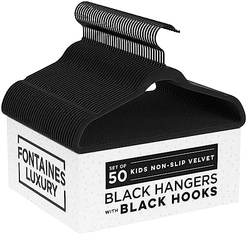 Fontaines Luxury Kid's Black Velvet Felt Non Slip Clothes Hangers 50 Pack - Ultra Slim & Space Saving - Heavy Duty Swivel Black Hook for Children's Clothing, Shirt, Dress, Skirt & Pants Organization by Fontaines
